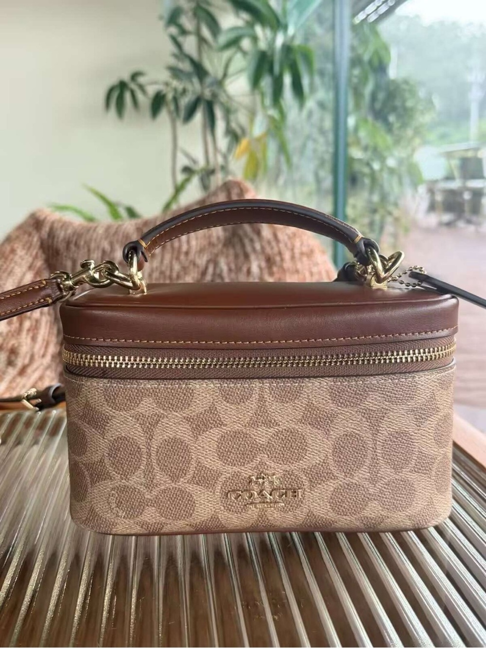 Coach Mini Vanity Crossbody in Signature Tan Canvas and Brown Leather